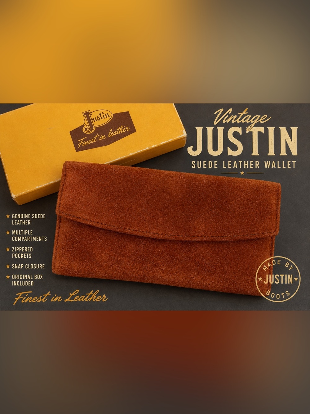 Vintage Justin Boots Rust Brown Suede Leather Wallet